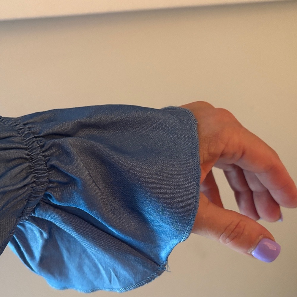 Chic Blue Ruffle Button Down Shirt - image 3